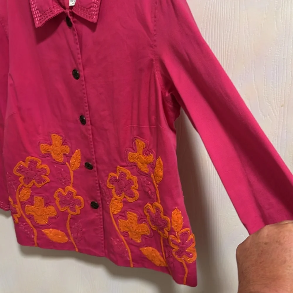 Chicos Women's Large Pink Orange Jacket Button Down Long Sleeve Appliqué Flowers